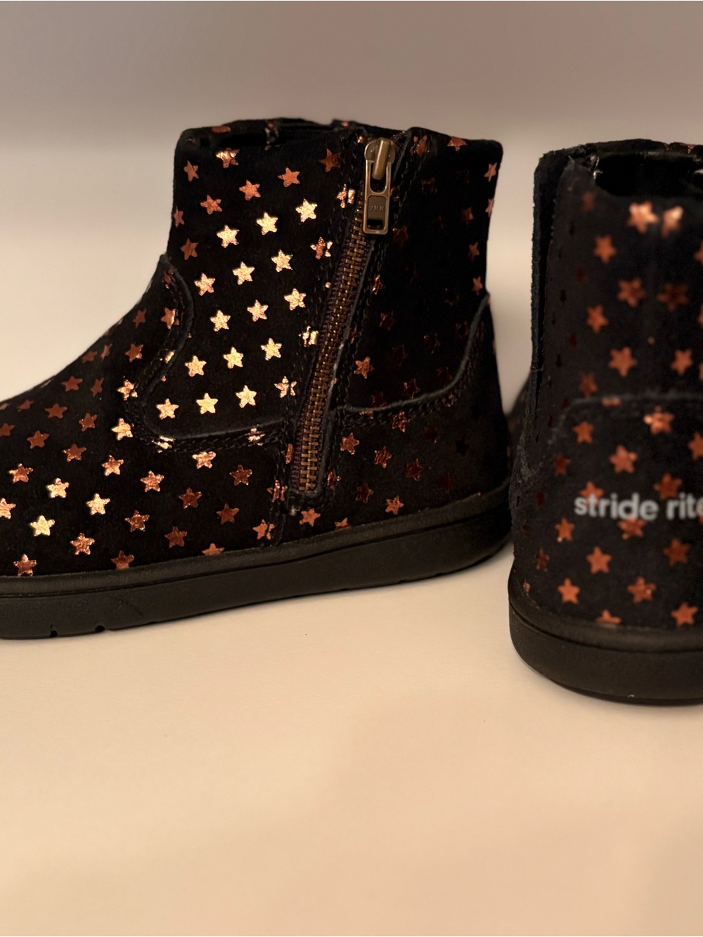 Stride Rite Black Ankle Boots with Rose Gold Star Accents